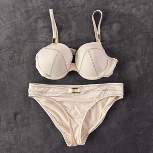 Bleu Rod Beattie White Contrast Stitch Bikini Set with Gold Accents